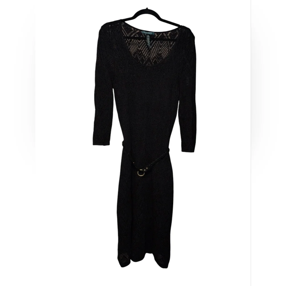 Lauren Ralph Lauren Elegant Black Knit Dress with Suede Leather Belt XL - Picture 2 of 11